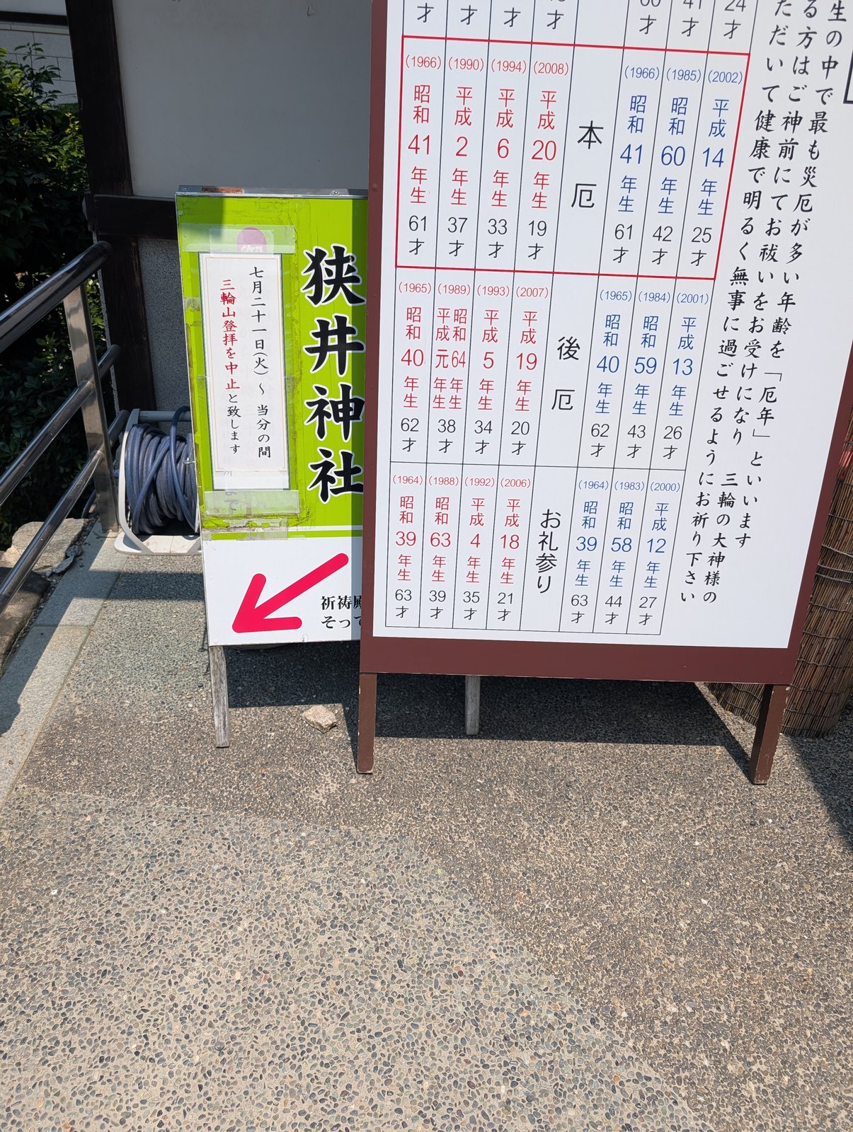 「七月二十一日〜当分の間、三輪山登拝を中止」の掲示