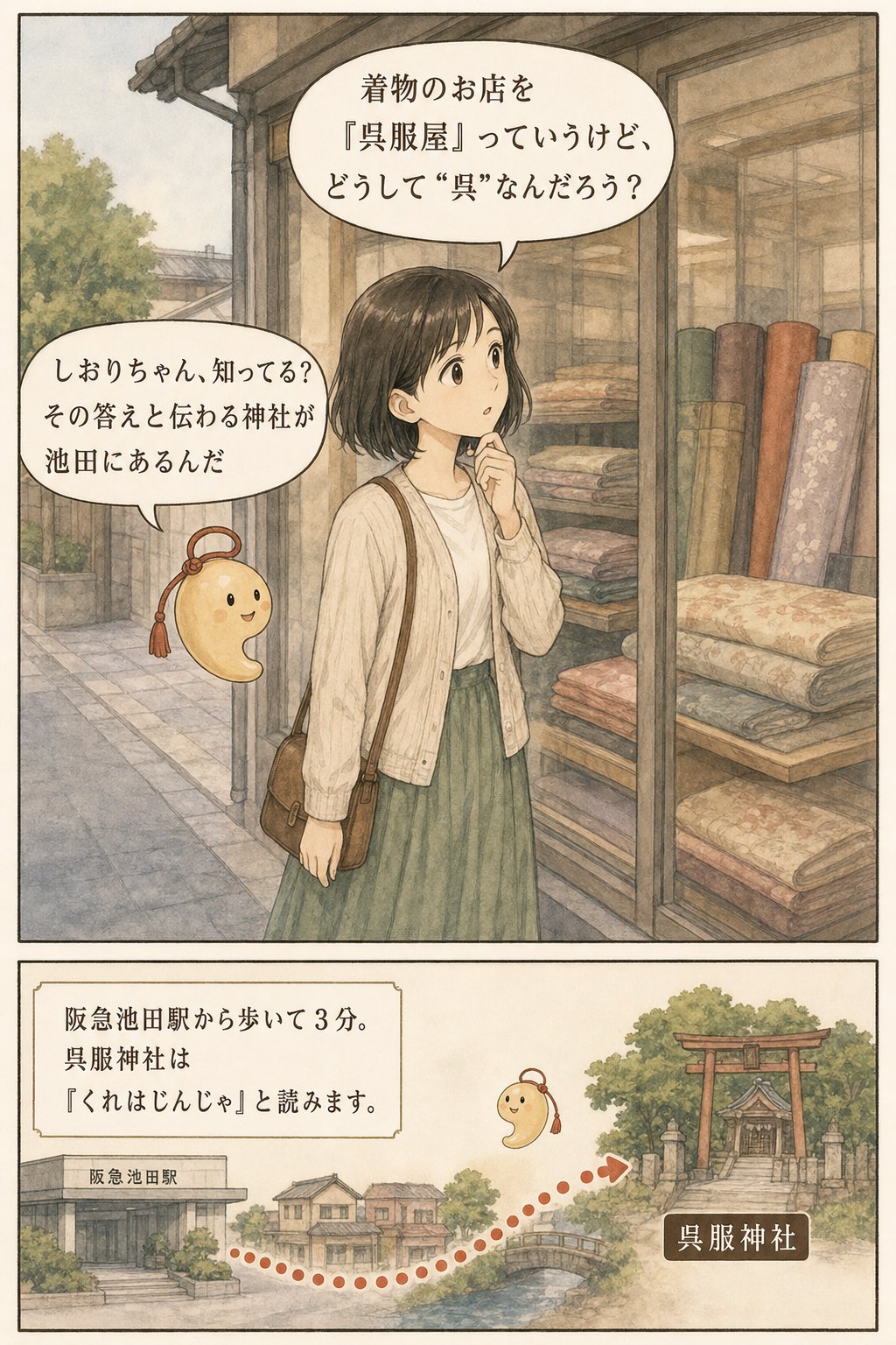 「呉服」の語源になった神社 — 池田・呉服神社と織姫伝説 まんが解説 1ページ目
