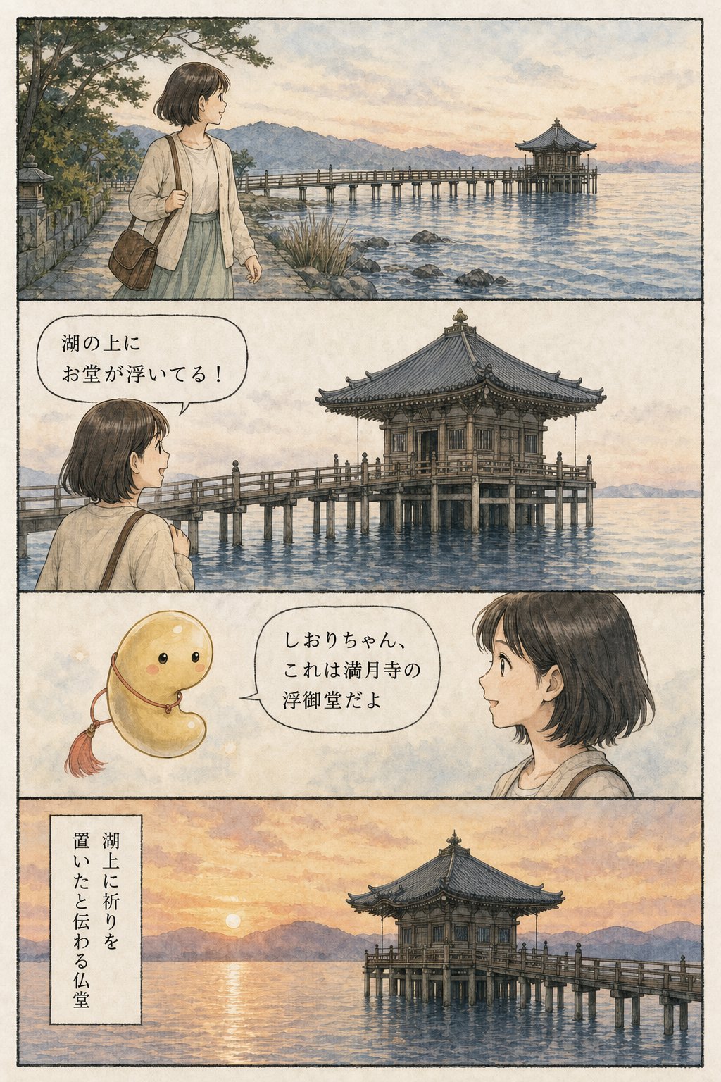 琵琶湖に浮かぶ浮御堂|芭蕉が月を詠んだ満月寺と千体仏の伝承 まんが解説 1ページ目