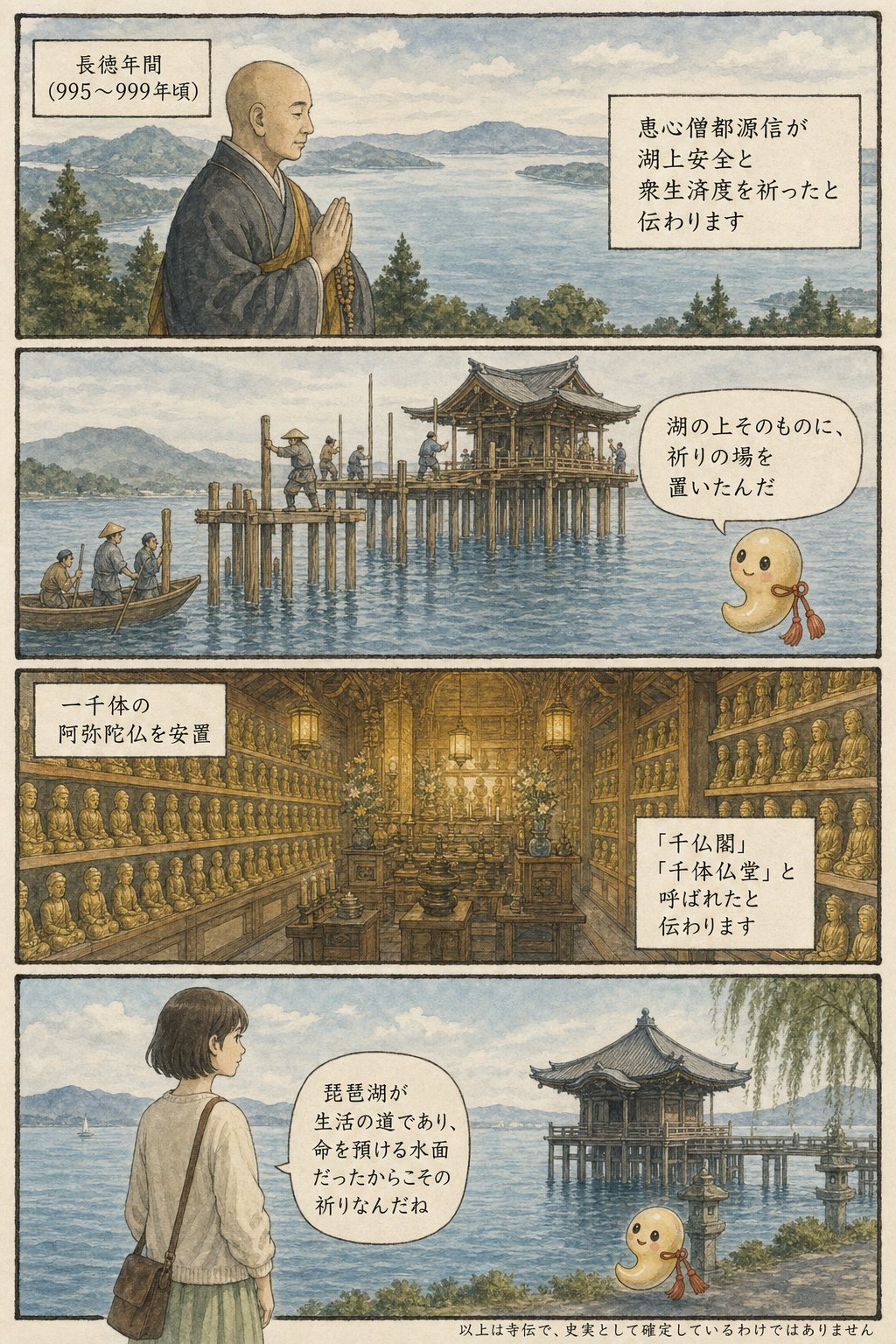 琵琶湖に浮かぶ浮御堂|芭蕉が月を詠んだ満月寺と千体仏の伝承 まんが解説 2ページ目
