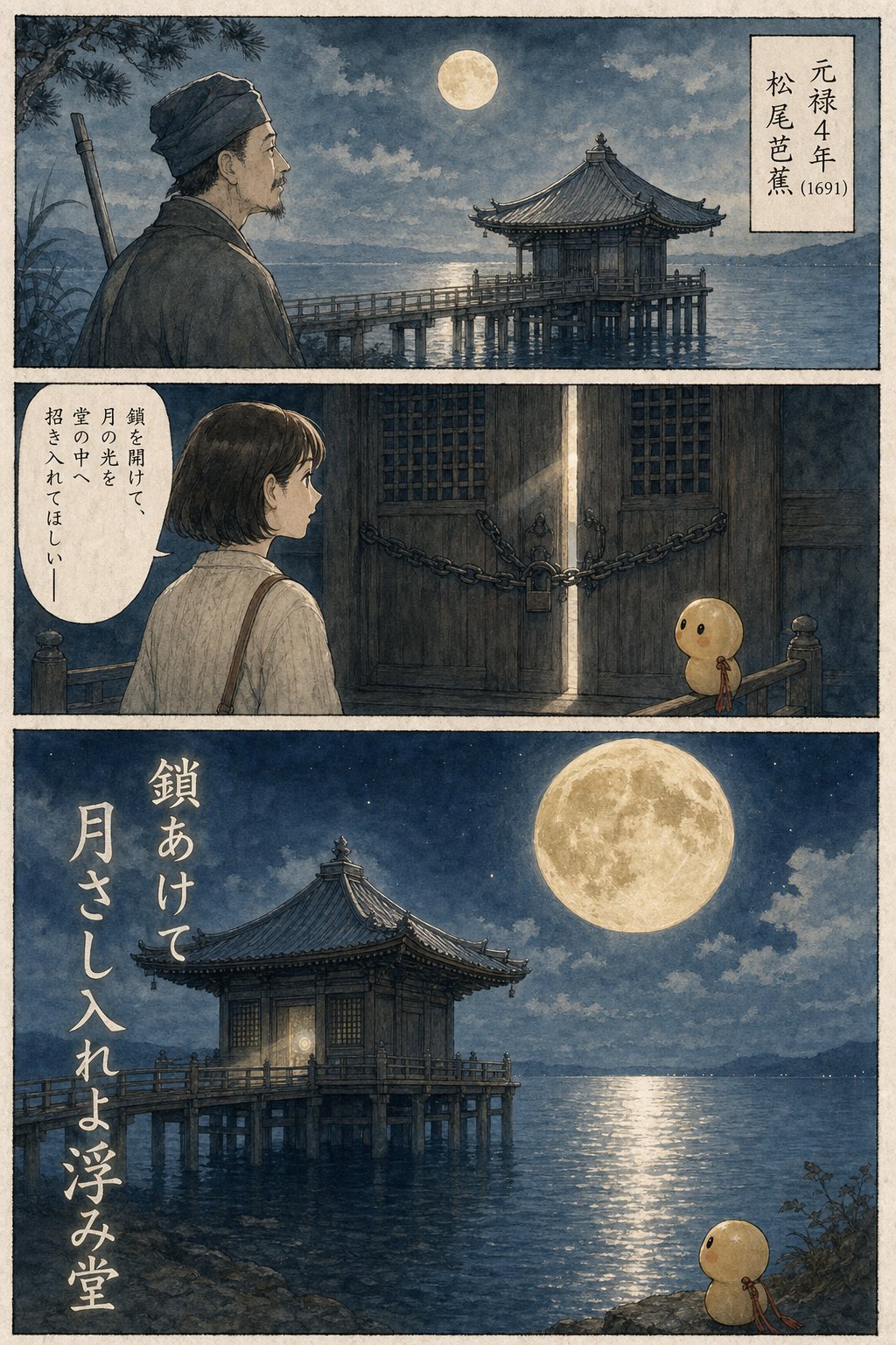 琵琶湖に浮かぶ浮御堂|芭蕉が月を詠んだ満月寺と千体仏の伝承 まんが解説 4ページ目