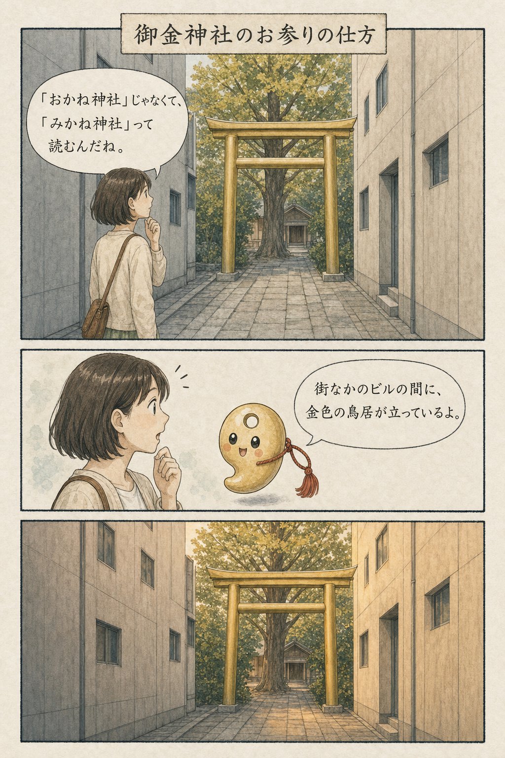 御金神社のお参りの仕方 — 読み方・黄金鳥居の由緒と「福財布」の公式情報 まんが解説 1ページ目