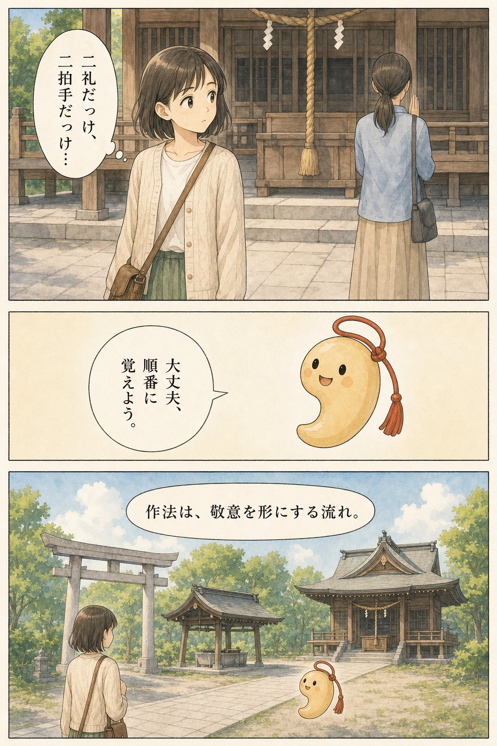 参拝の基本作法 — 鳥居のくぐり方から二礼二拍手一礼まで まんが解説 1ページ目