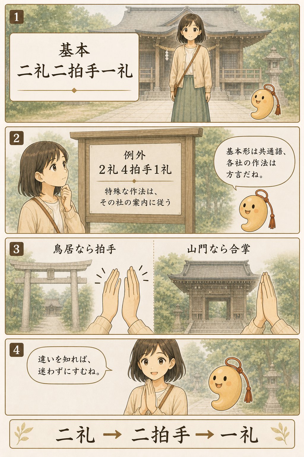 参拝の基本作法 — 鳥居のくぐり方から二礼二拍手一礼まで まんが解説 5ページ目