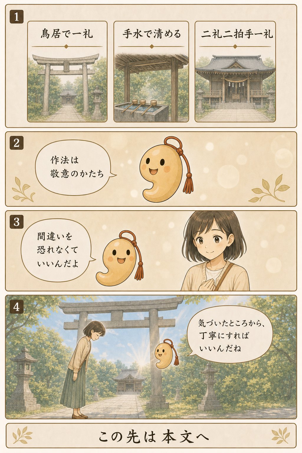 参拝の基本作法 — 鳥居のくぐり方から二礼二拍手一礼まで まんが解説 7ページ目