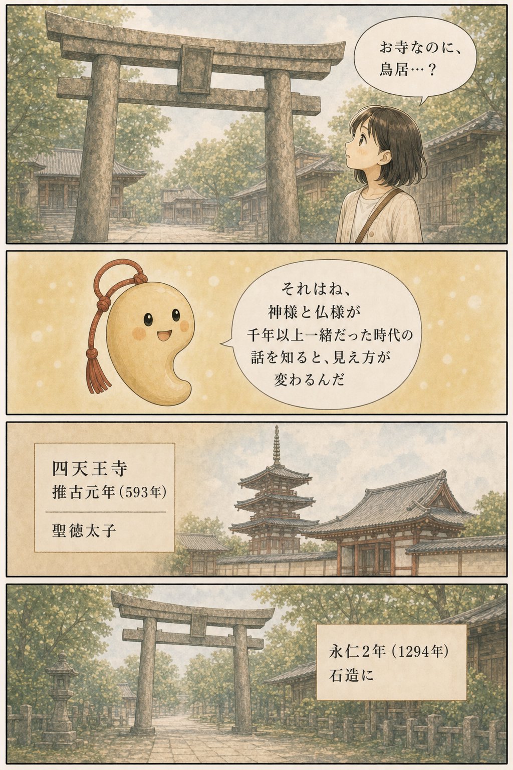 神仏習合とは — なぜお寺に鳥居？四天王寺の石鳥居に残る千年の記憶 まんが解説 1ページ目