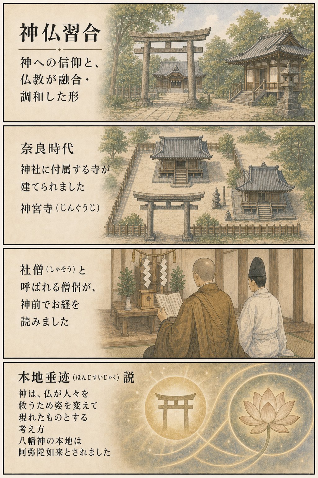 神仏習合とは — なぜお寺に鳥居？四天王寺の石鳥居に残る千年の記憶 まんが解説 2ページ目