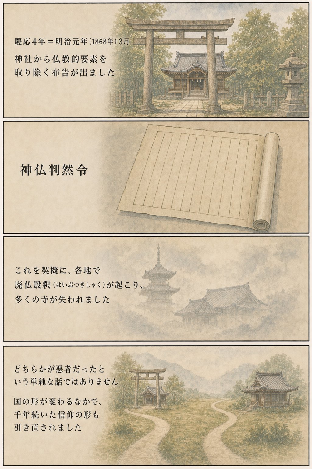 神仏習合とは — なぜお寺に鳥居？四天王寺の石鳥居に残る千年の記憶 まんが解説 4ページ目