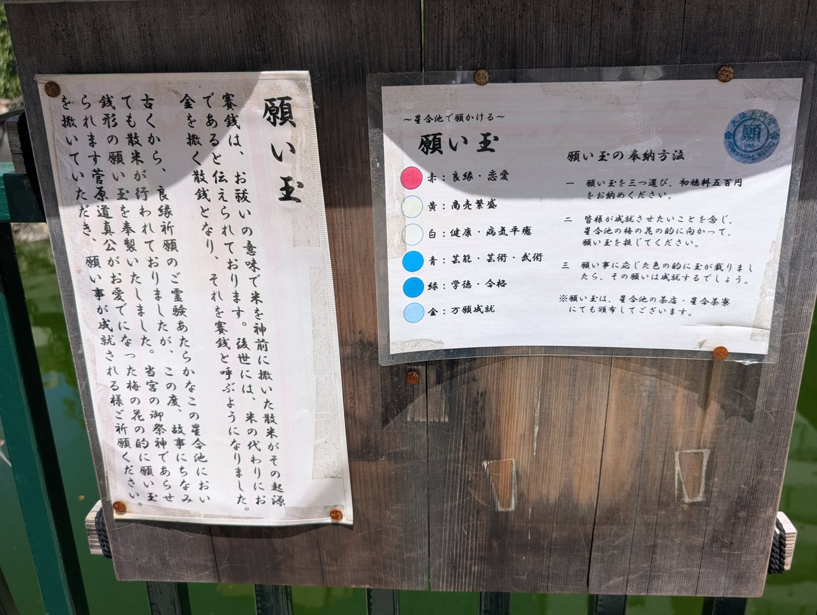 願い玉の説明板。色ごとに願意が分かれ、池の的をめがけて投げ入れる