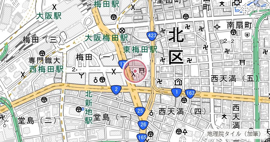 露天神社(お初天神)の位置を示す地図