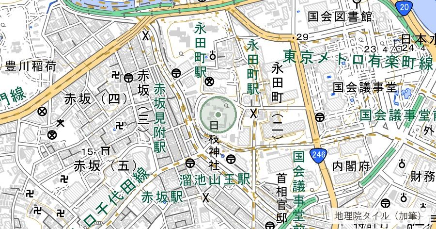 日枝神社（皇城の鎮）の位置を示す地図