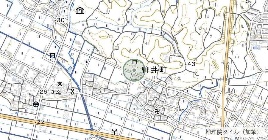 保曽井神社（曽井城の氏神）の位置を示す地図