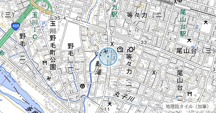 等々力不動尊（満願寺別院・不動の滝）の位置を示す地図