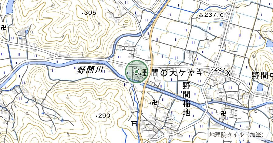 野間の大ケヤキ(蟻無宮の御神木と伝わる巨樹)の位置を示す地図