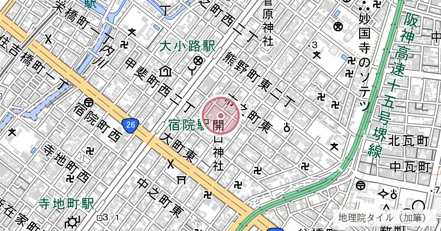 開口神社(あぐちじんじゃ・大寺さん)の位置を示す地図