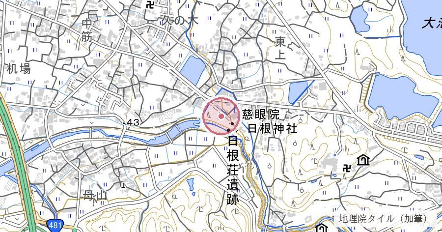 日根神社(ひねじんじゃ・枕の神社)の位置を示す地図