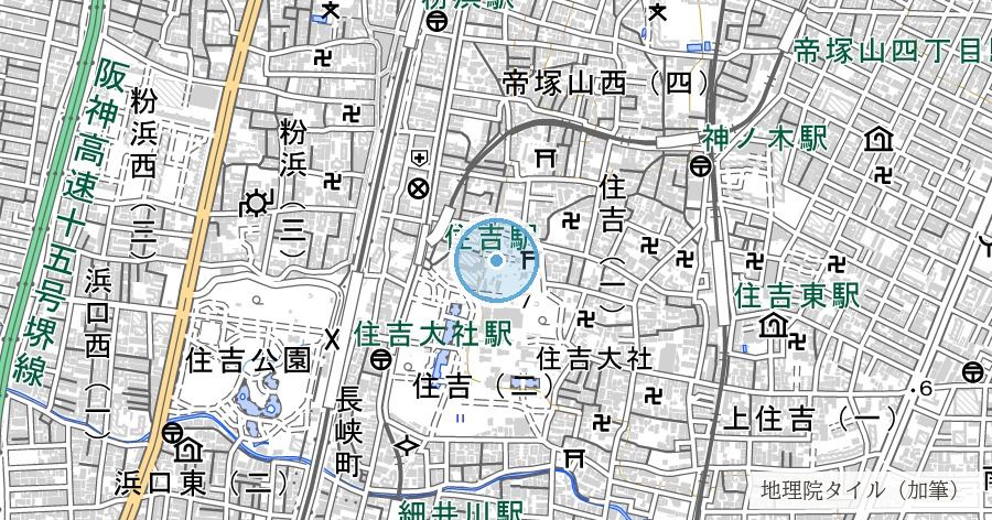 大海神社(住吉大社 摂社・玉の井)の位置を示す地図