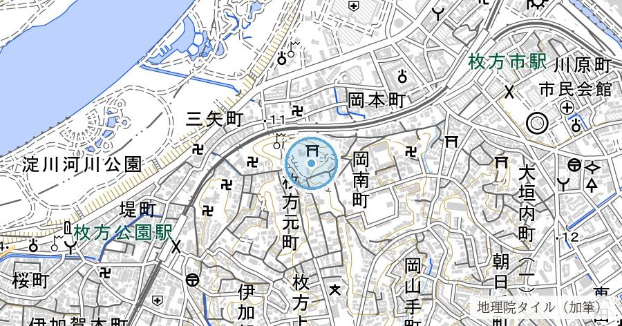 意賀美神社(おかみじんじゃ・枚方 万年寺山)の位置を示す地図