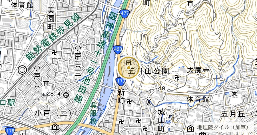 伊居太神社（穴織宮・上の宮さん）の位置を示す地図