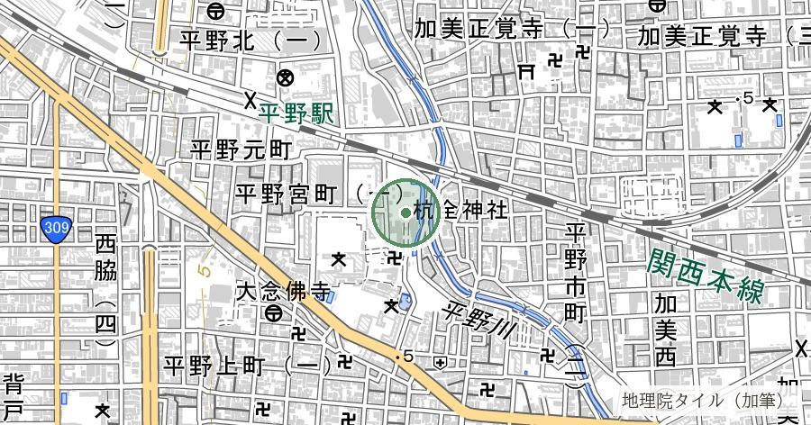 杭全神社の御神木（大楠・くすのき社）の位置を示す地図