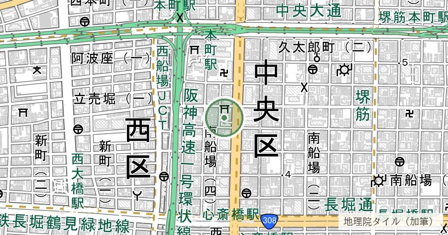 難波神社の楠(御神木)の位置を示す地図