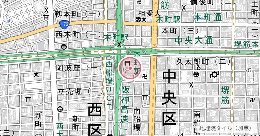 坐摩神社(いかすりさん)の位置を示す地図