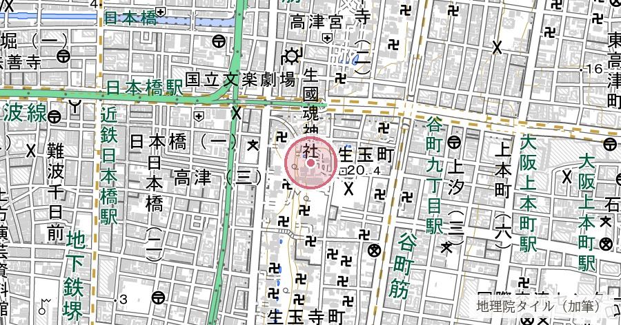 生國魂神社（いくたまさん）の位置を示す地図