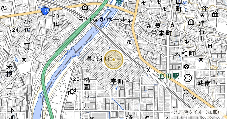 呉服神社（くれはじんじゃ）の位置を示す地図