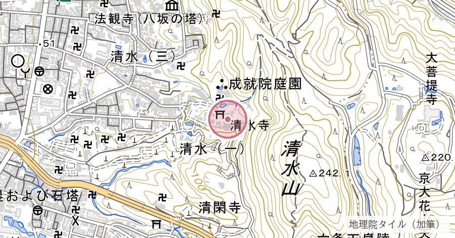 地主神社の位置を示す地図