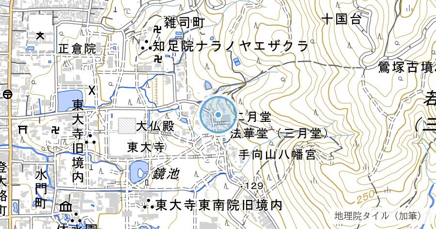 東大寺 二月堂 若狭井（お水取りの御香水）の位置を示す地図