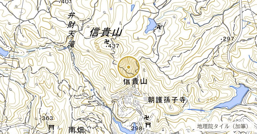 信貴山朝護孫子寺(寅の毘沙門さん)の位置を示す地図