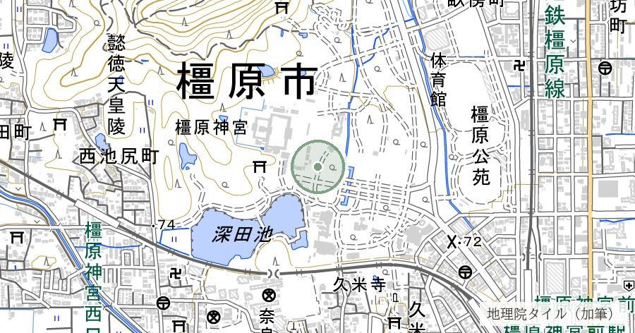 橿原神宮(建国の地・畝傍山東南麓)の位置を示す地図