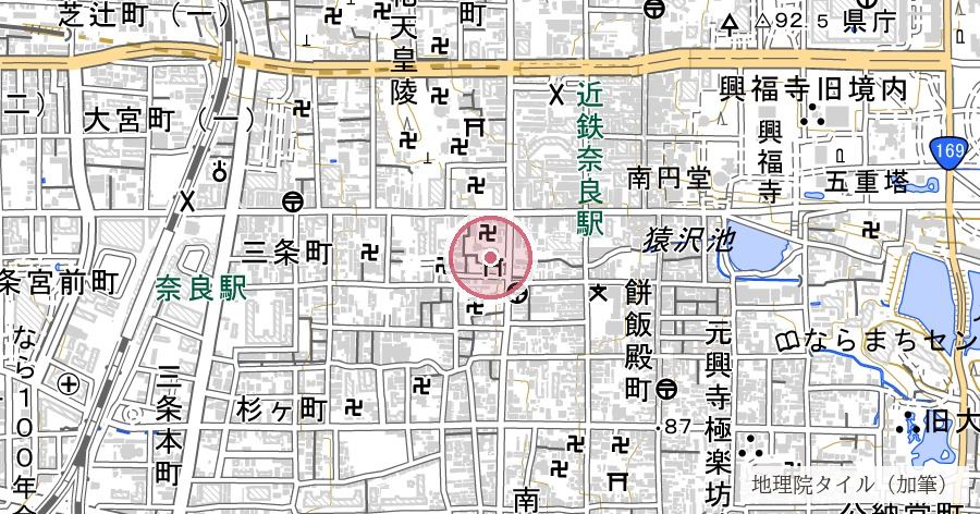 率川神社（子守明神・ゆりまつりの社）の位置を示す地図