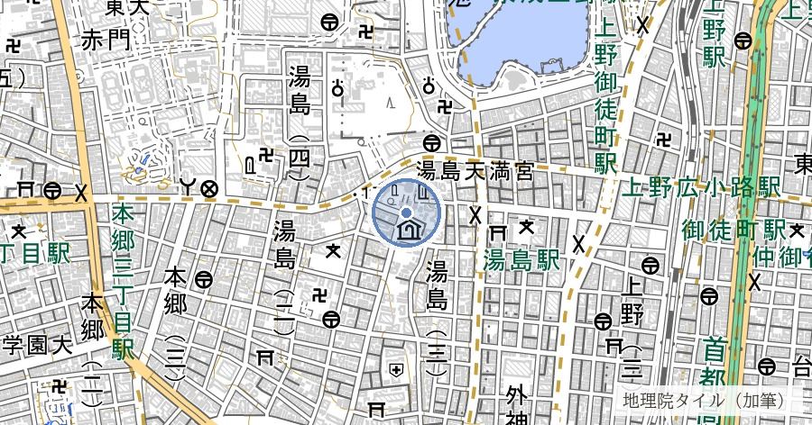 湯島天満宮（湯島天神）の位置を示す地図